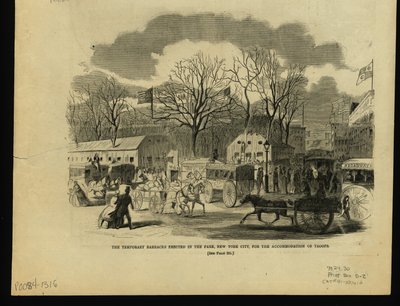 City Park Scene with Buildings, Horse-Drawn Wagons, and Carriages by Unknown